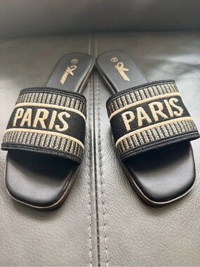 Embroidered 'PARIS' Slide Sandals in Black and Cream